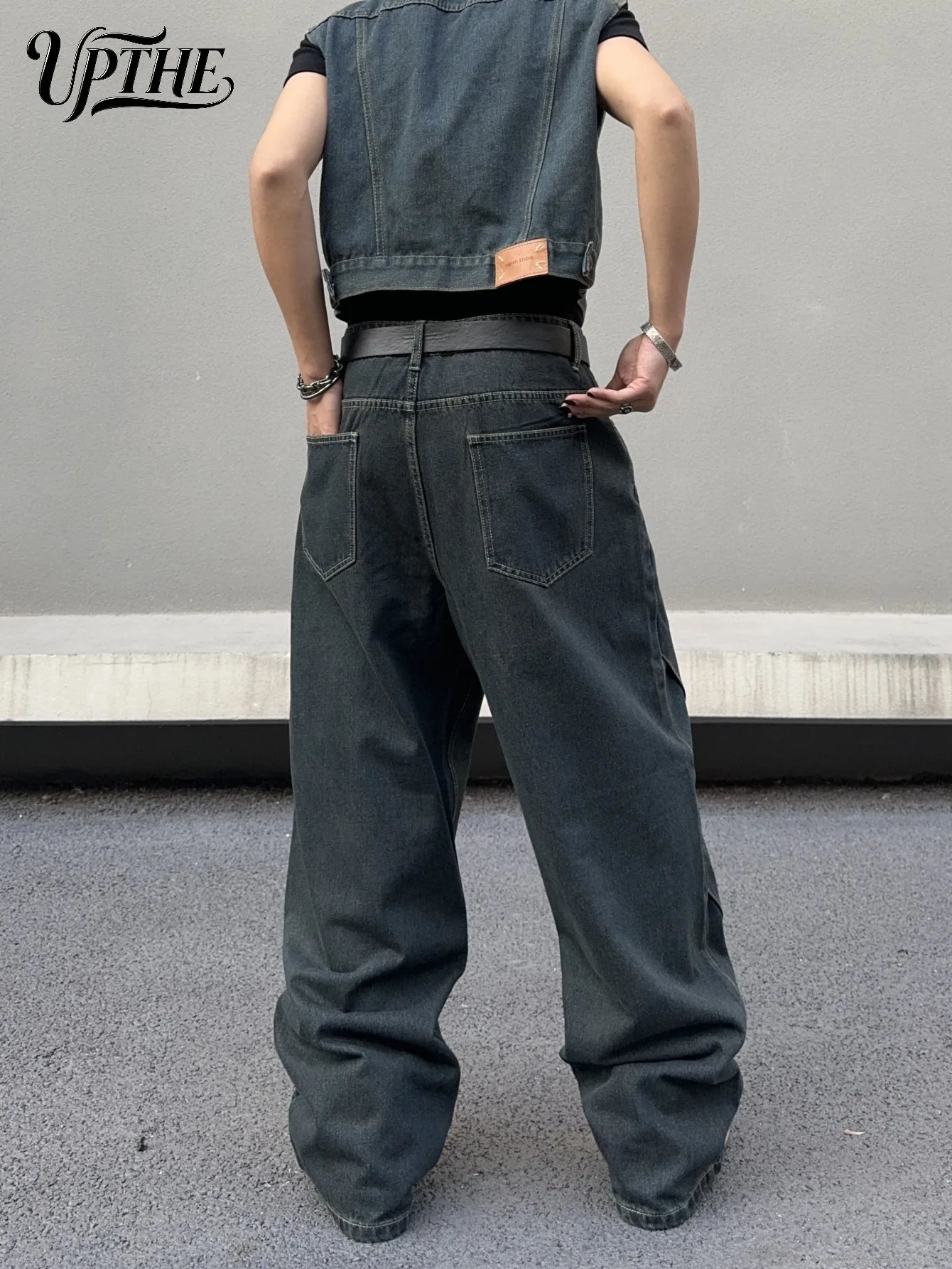 UP.THE Men Dark Raw Denim Baggy Wide Leg Jeans Y2K Oversized Loose Curved Spliced Eyelet Denim Pants Industrial Streetwear Trousers for Daily Outfits  - view 8