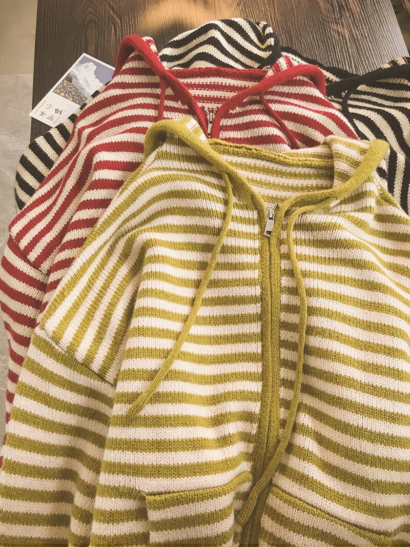Color Block Striped Hooded Knitted Cardigan Women's Loose Long Sleeve Sweater Jacket Autumn Winter New Style Casual Fashion - view 4