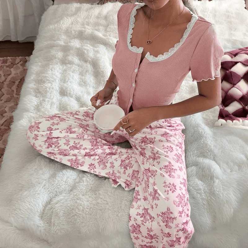 Women's Sleep Lounge European and American style home wear lace trim cardigan short-sleeve long pants women's pajama set suitable for outdoo - view 4