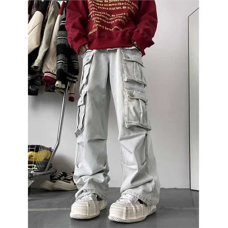 Men's Jeans Light Blue Cargo Jeans Men's Patchwork Straight Casual Trousers Men Muti-pockets Hip Hop Streetwear Loose Fashion Pants H260924 - view 6