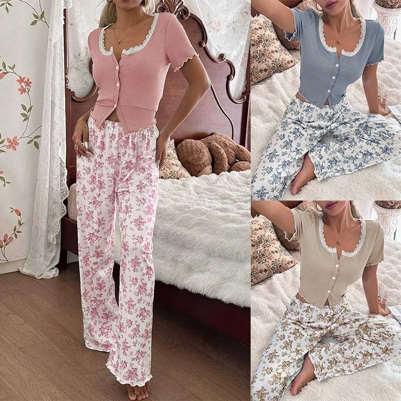 Women's Sleep Lounge European and American style home wear lace trim cardigan short-sleeve long pants women's pajama set suitable for outdoo - view 3