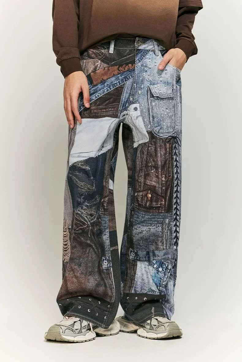 Men's Jeans 2026 New Retro Color Block Oversize Niche Old Loose Tapered Casual Pants 3D Printed Wide Leg High Waist Loose Jeans H260924