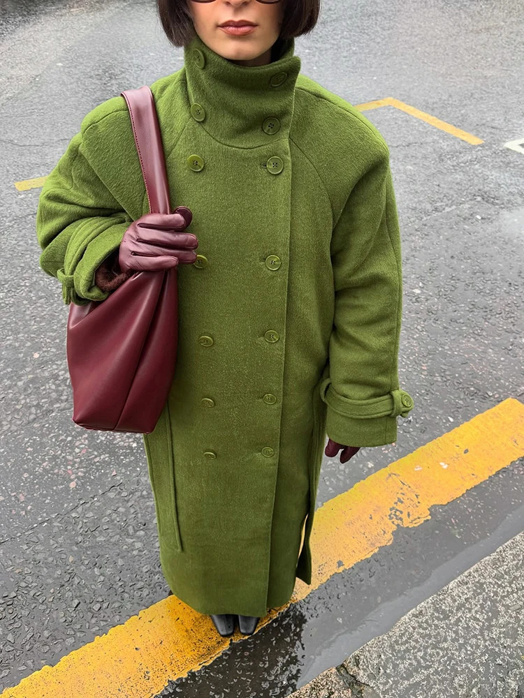 Women's High Stand Collar Double Breasted Woolen Overcoat Belted Waist Maxi Long Cuff Strap Loose Solid Coat Winter Urban Coats 260922 - view 4