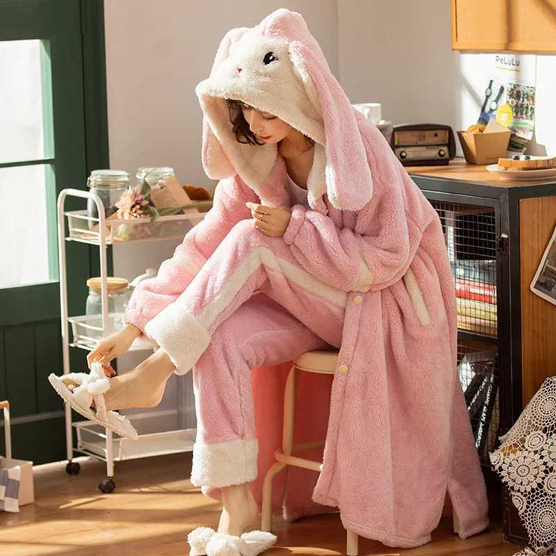 Lounge Women's Sleep Sweet Women Bathrobe Autumn Winter Thick Hooded Flannel Ladies Robe Fleece Girls Cute Long Dressing Gown for Female Homewear - view 7