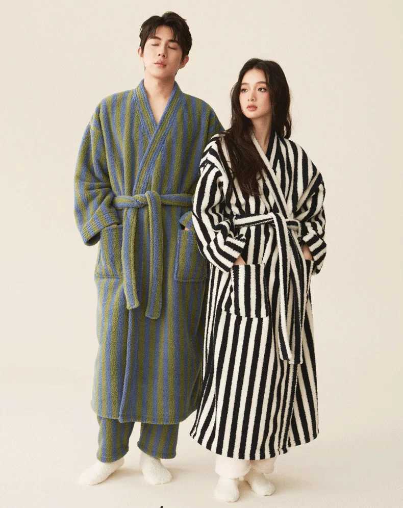 Lounge Women's Sleep Thickened Flannel Robe Pajamas Autumn Winter New Couple Coral Velvet Women Men Bathrobe Striped LengthedC260924 - view 3