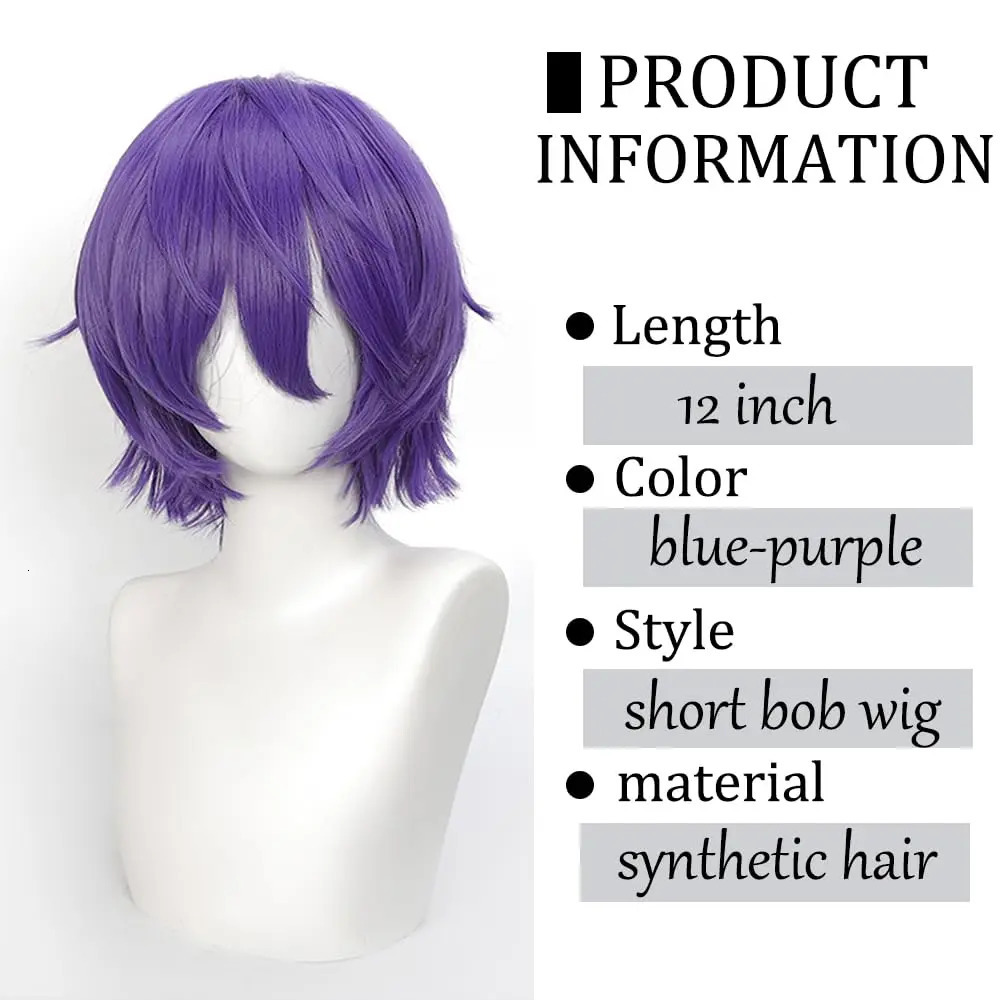 Short Cosplay Wigs 12 Inch Blue purple Short Wavy Bob Hair with Bang Spiky Anime Hair Cosplay Heat resistant Synthetic Fiber Wig 260922 - view 5