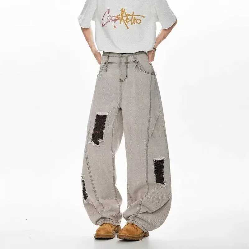 Men's Jeans Autumn Men's Hip Hop Fashion Ripped Jeans 2025 New Straight-Leg Baggy Denim Pants Splicing Washed Y2K Vintage Streetwear Jean H2 - view 5