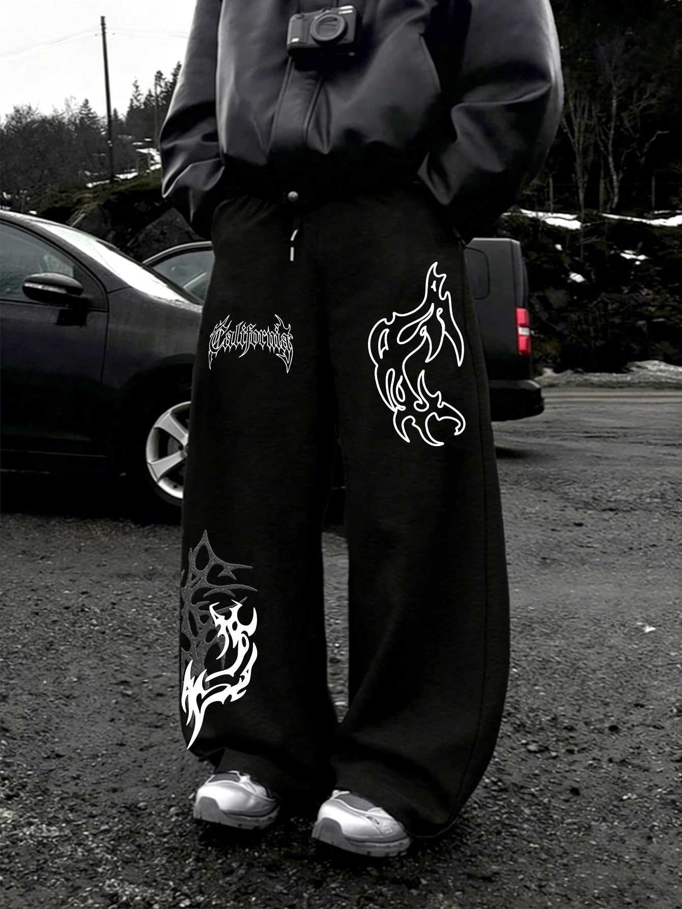 Men's Pants Men Gothic Wide Leg Jogger Pants Asymmetric Multi Graphic California Gothic Font FlameThornTotemPrintdr1BaggyStreetwear D260924