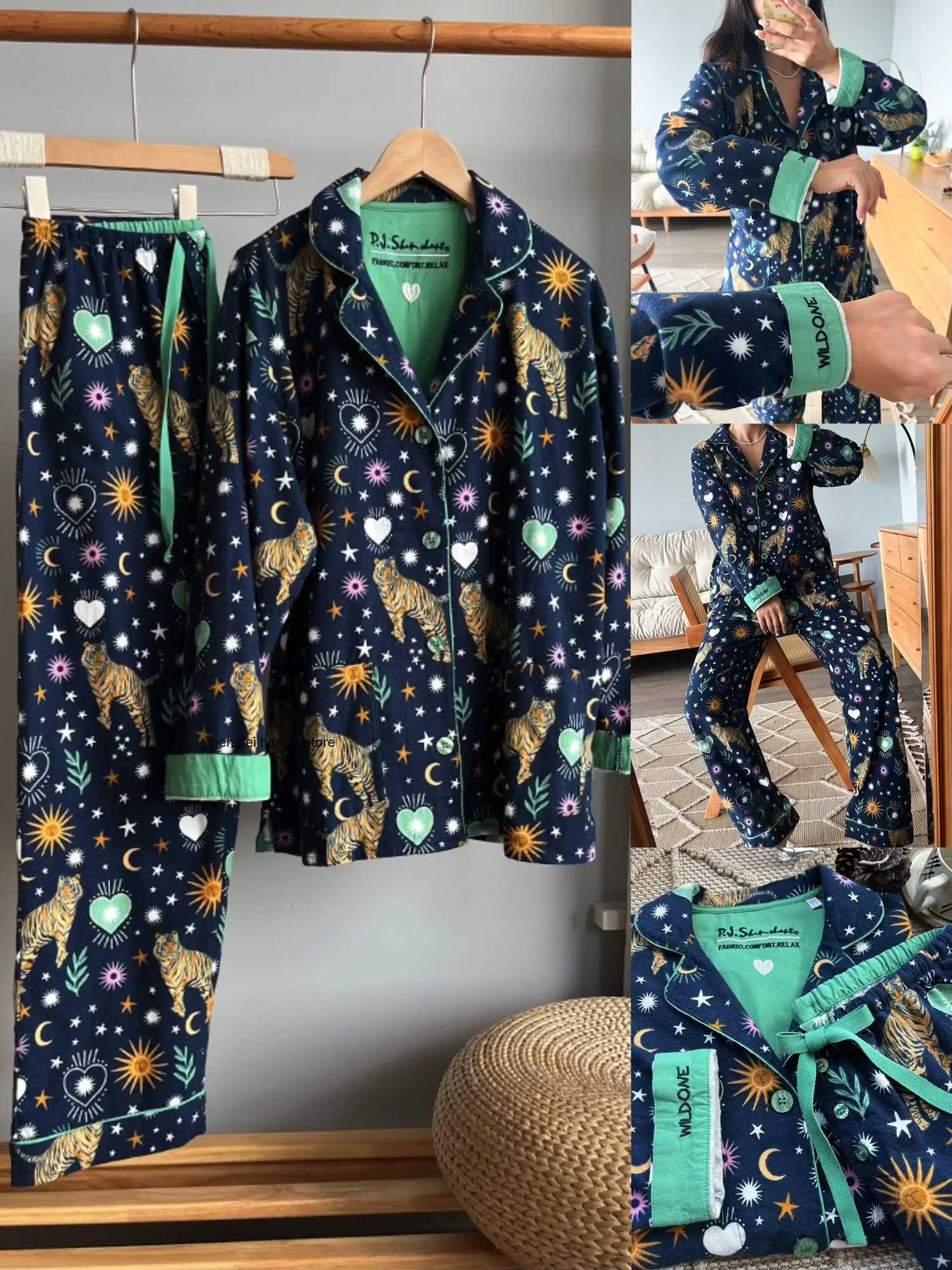 Women's Sleep Lounge Women's 2Pcs Cartoon Print Cotton Pajama Set Long Sleeve Brushed Top Long Pants Spring Autumn Loungewear Homewear H2609