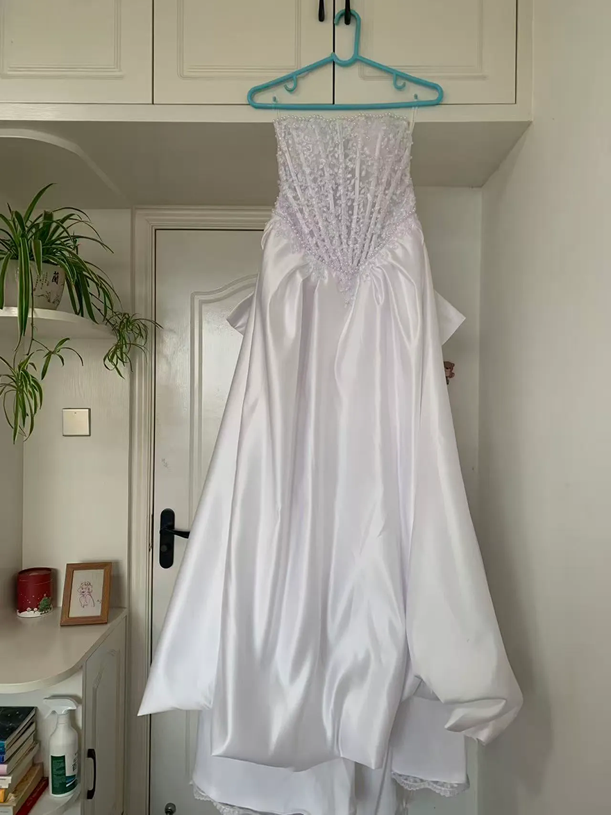 2026 Chic Pearls Lace Dubai Araic A Line Wedding Dresses Modern White Satin Ruched Strapless Basque Waist Vintage Bridal Gowns Bowknot Bride Robes de  - view 7