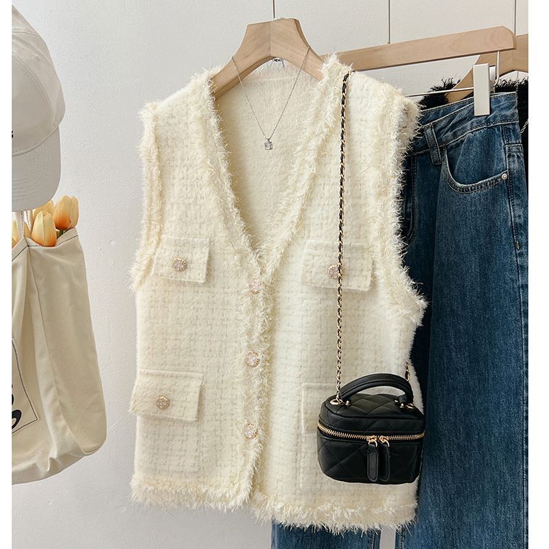 Women's Knitted Vest Pure Color Frayed Slimming Versatile Top Spring Autumn Small Fragrance Style Workwear Outerwear - view 3