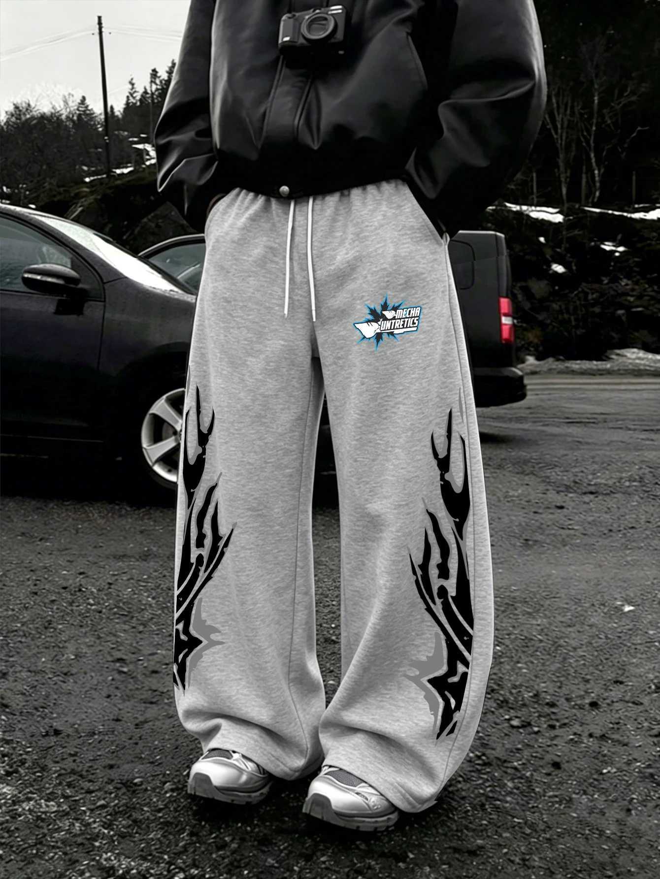 Men's Pants Men Dual Side Tribal Flame Chest Text Graphic Wide Leg Sweatpants dr1 Loose Straight Baggy Y2K Hip Hop Streetwear Pants D260924
