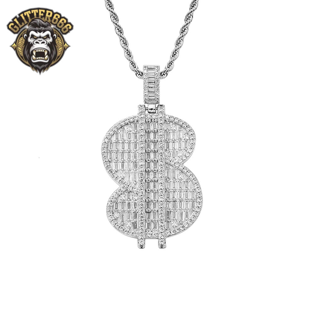 Personalized Hip Hop Jewelry Gold Silver Color Bling Moissanite Iced Out Baguette Moissanite Dollar Sign Pendant Necklace for Men
