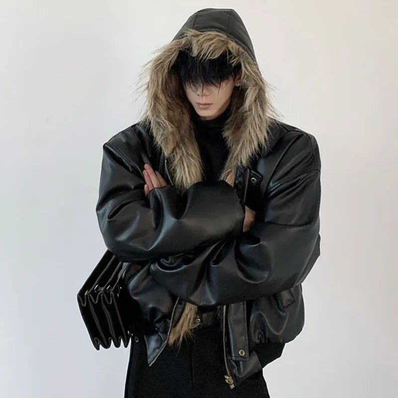 IEFB High Street Men's PU Leather Coats Hooded Solid Color Faux Fur Patchwork Reversible Zipper Loose Male Jackets Winter 9X1155 260923 - view 3