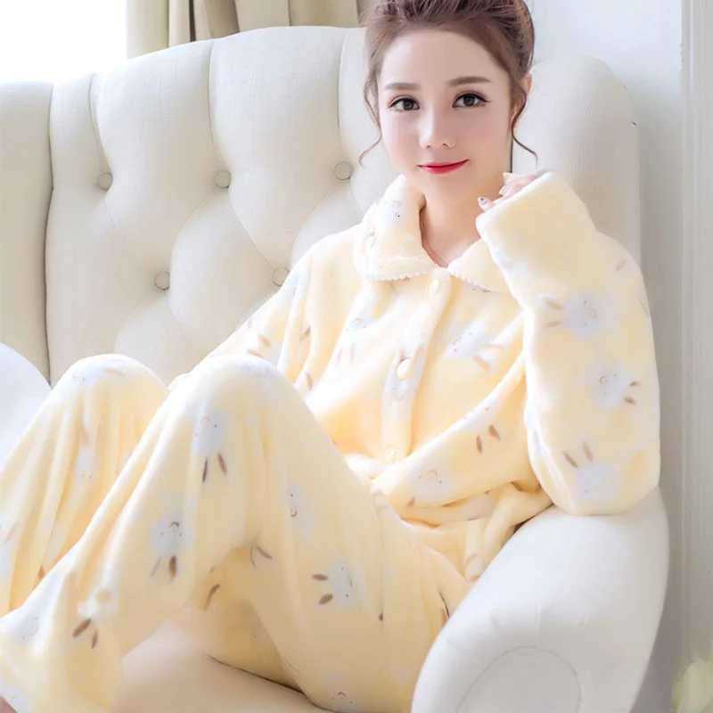 Women's Sleep Lounge New Women's Autumn and Winter Warm Pyjamas Homewear Suit Coral Velvet Pajamas Girls Padded Thickened Sweet Flannel Home