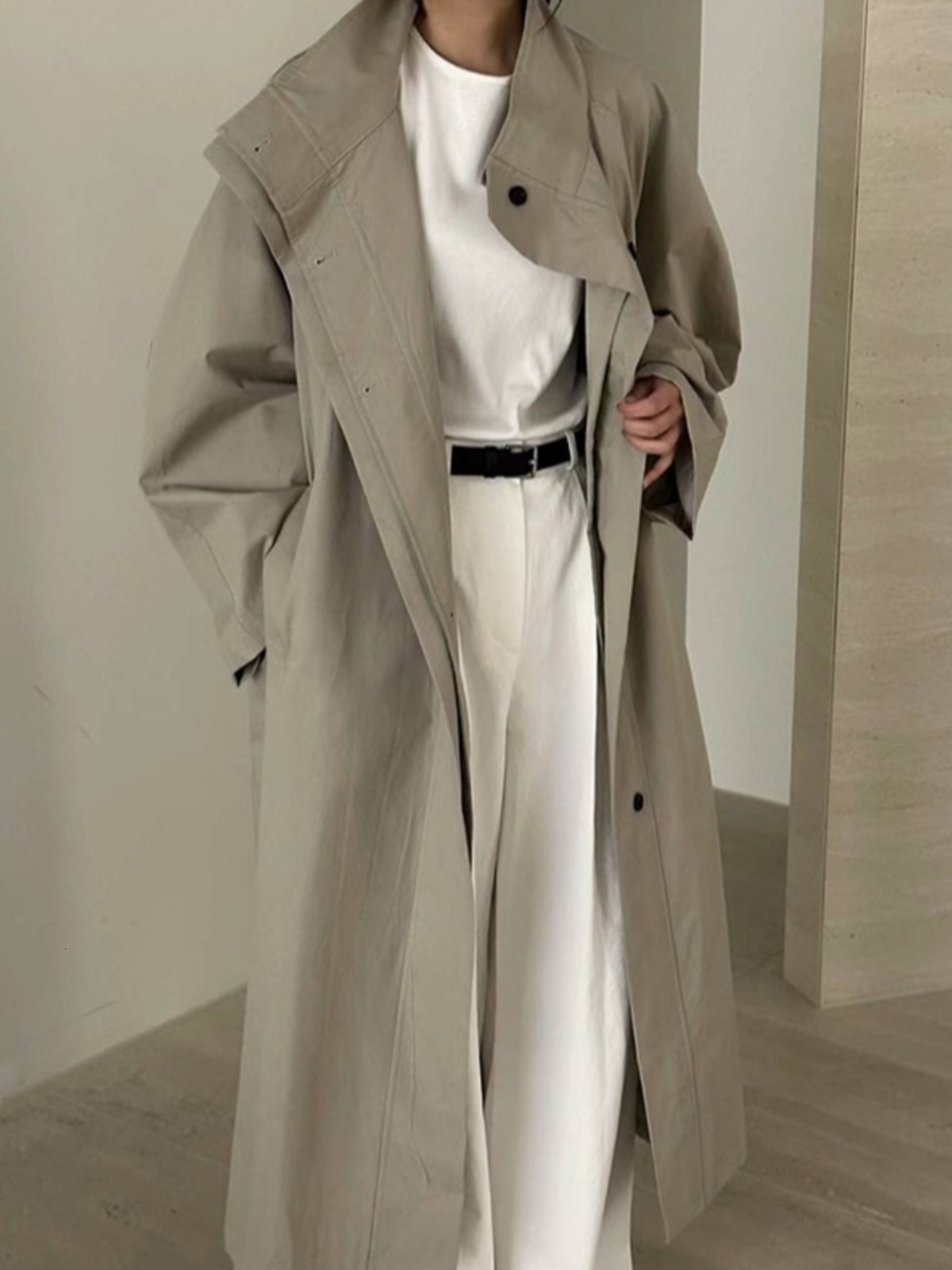 Long Jacket Women's Autumn New Fashion Casual Design Collar Stand-Up Belted Coat Korean Style Loose Fit Single Button