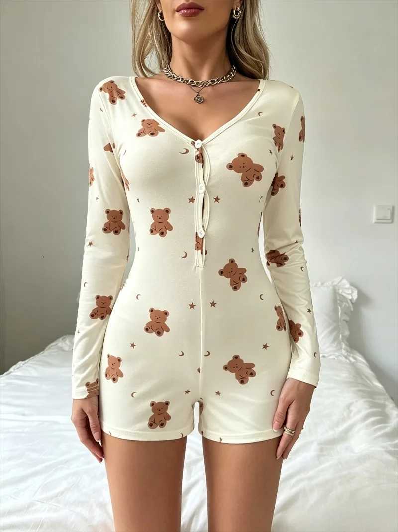 Women's Sleep Lounge Summer Casual Little Bear Print Bodysuit Women's Sexy Onesies Pajamas Sleepwear V-neck Front Button Long Sleeve Jumpsui