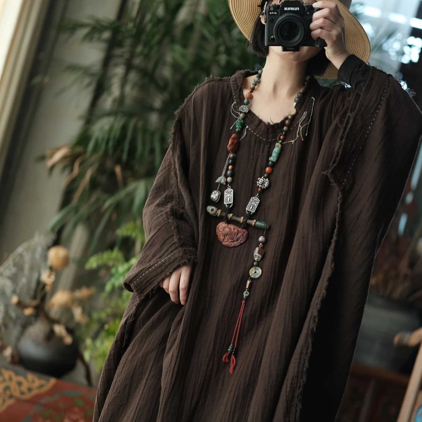 Sleep Lounge Women's Johnature Women Vintage Winter Dresses Bat Sleeve Robes 2025 New O-Neck Loose Solid Color Embroidery Female High Quality Dre - view 4