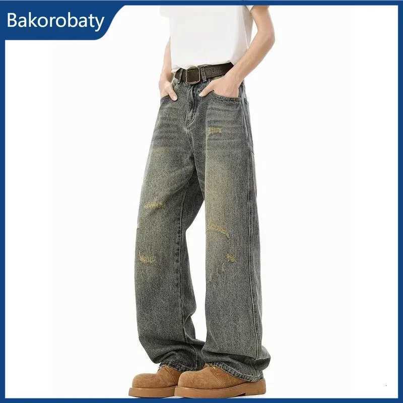 Men's Jeans Spring Washed Distressed Ripped Baggy Jeans For Man Y2K Vintage Streetwear Straight Wide Leg Denim Pants Hip Hop Fashion Jean H260924