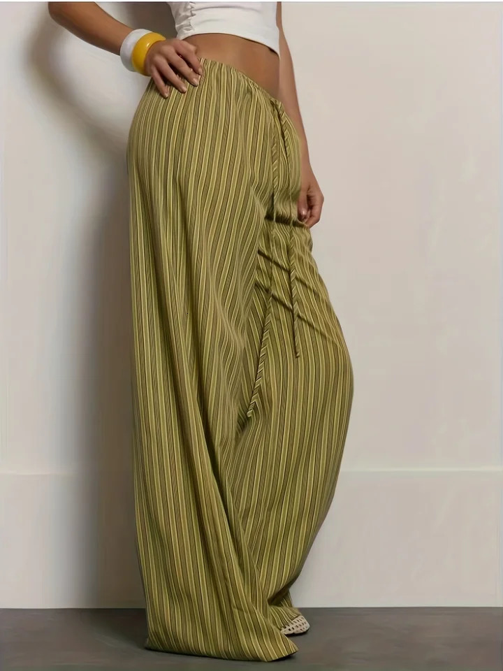 Womens Green Striped WideLeg Pants Summer Arrival Drawstring Elastic Waist Draping Casual Trousers Lazy Style FloorLe 260924 - view 6