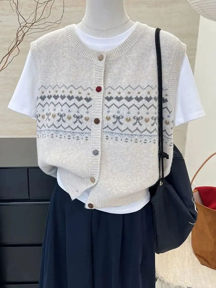 Retro Knitted Floral Women's Spring Autumn New Style Outerwear Sleeveless Shoulder Pad Vest Top Buttoned Polyester Blend