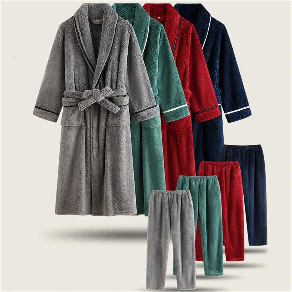 Lounge Women's Sleep Autumn Flannel Long Robe Pants Pajamas Set Winter Thickened Warm Trouser Pijamas Suit Loose Coral Fleece HomewearC260924
