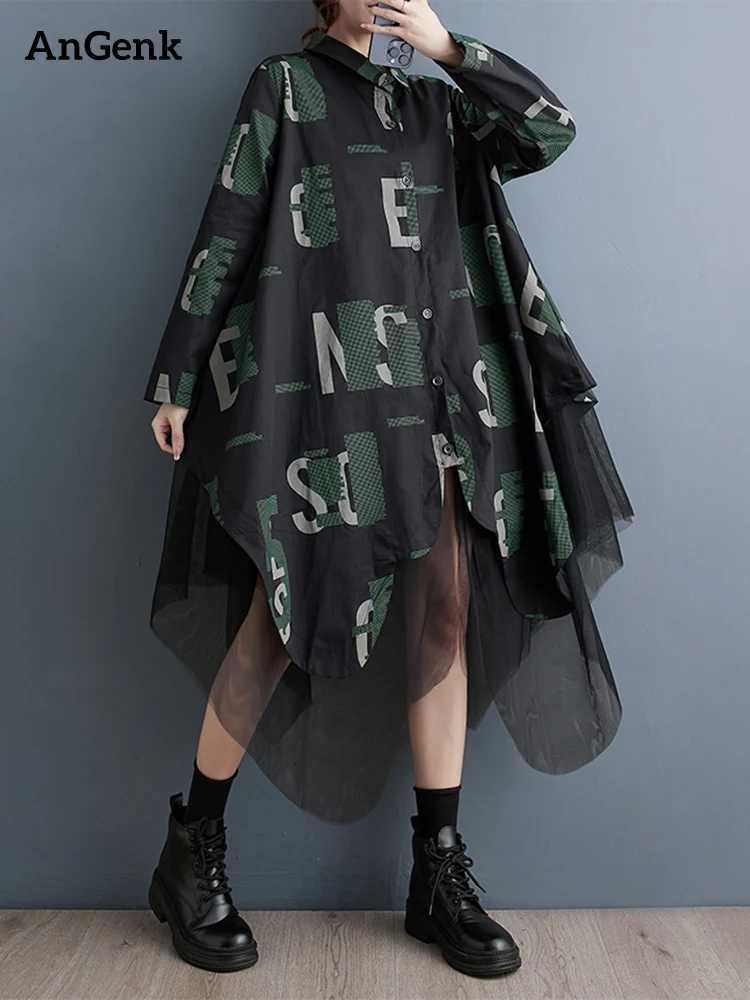 Lounge Women's Sleep Mesh Spliced Vintage Letter Print Shirt Dresses For Women New Long Sleeve Loose Casual Dress Fashion Elegant Clothes Autumn 