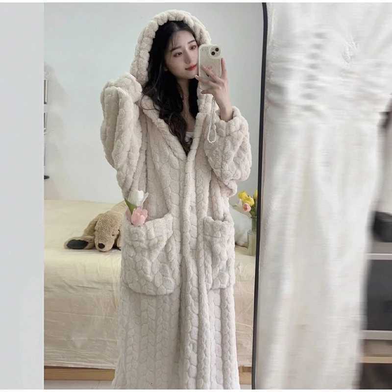 Lounge Women's Sleep Coral Velvet Jacquard Pajamas for Women Winterized Thick Warm Flannel Robe Cozy Soft Fleece Nightgown for Winter Home Sleepw