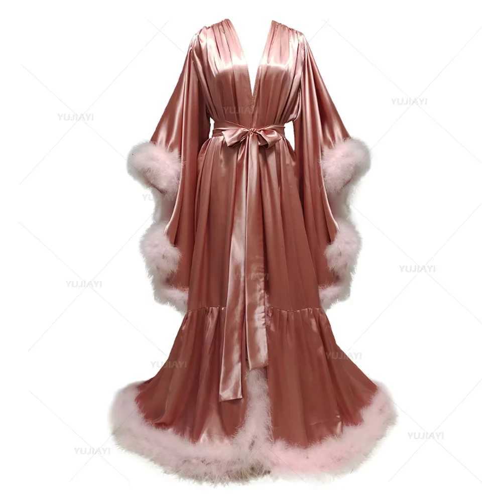 Lounge Women's Sleep Bathrobe for Women Lingerie Flare Sleeves Bridal Feather Robe Silk Satin Luxury Long Wedding Dressing Gown Maternity DressC2 - view 6