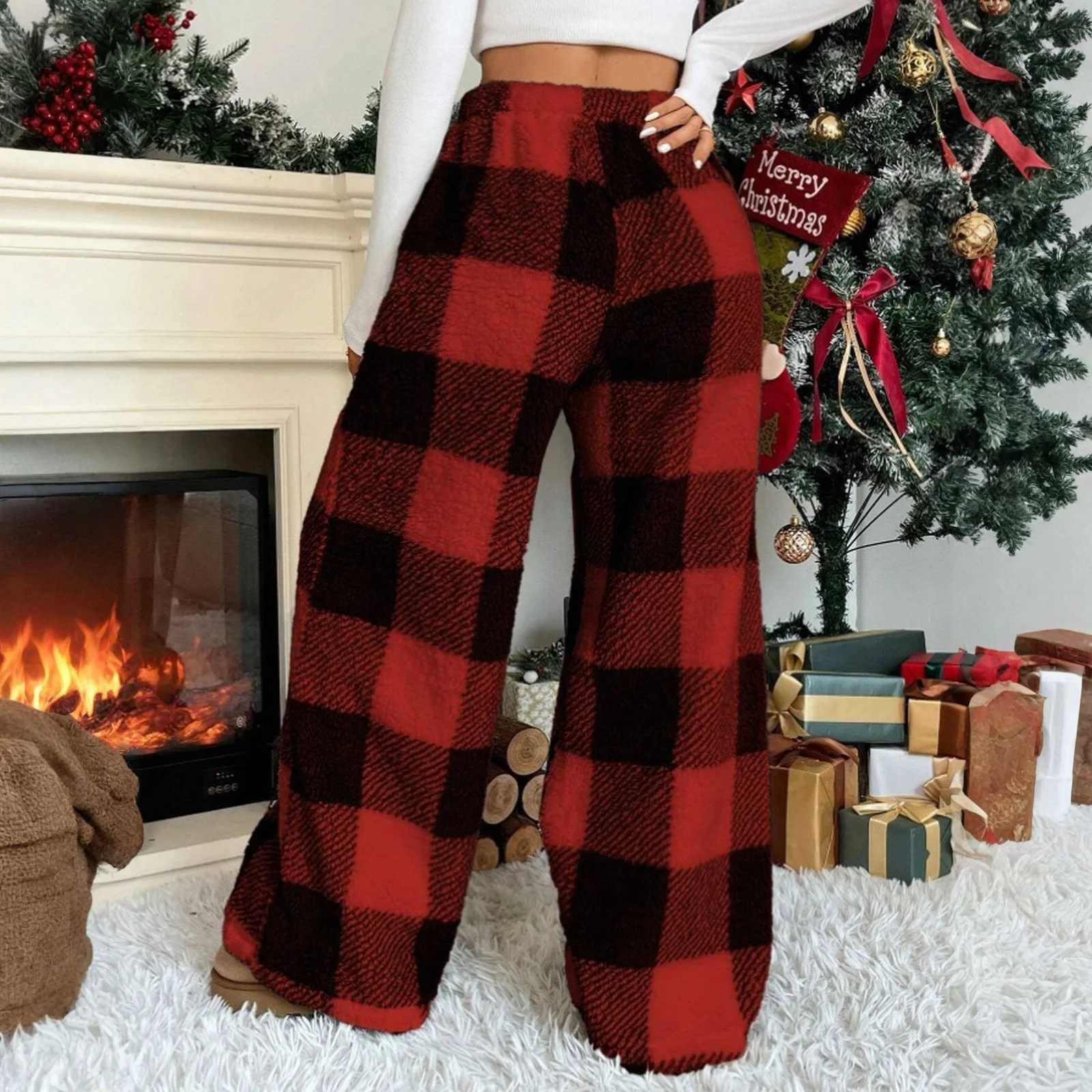 Women's Sleep Lounge Women's Casual Loose Elastic Waistband Plush Sleep Pants Autumn Winter Plaid Fleece-lined Pajama Trousers Comfortable L - view 4