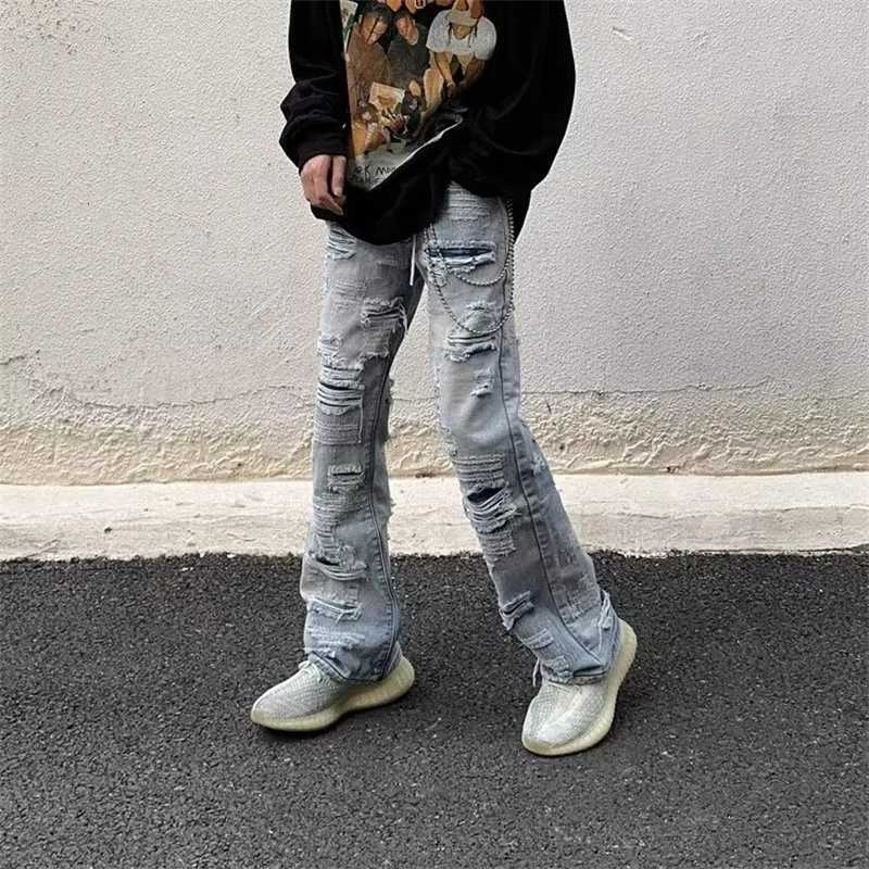 Men's Jeans 2026 Autumn Hip Hop Fashion Straight Leg Flared Jean For Men Distressed Ripped Baggy Jeans Patchwork Y2K Streetwear Denim Pants H2609 - view 5