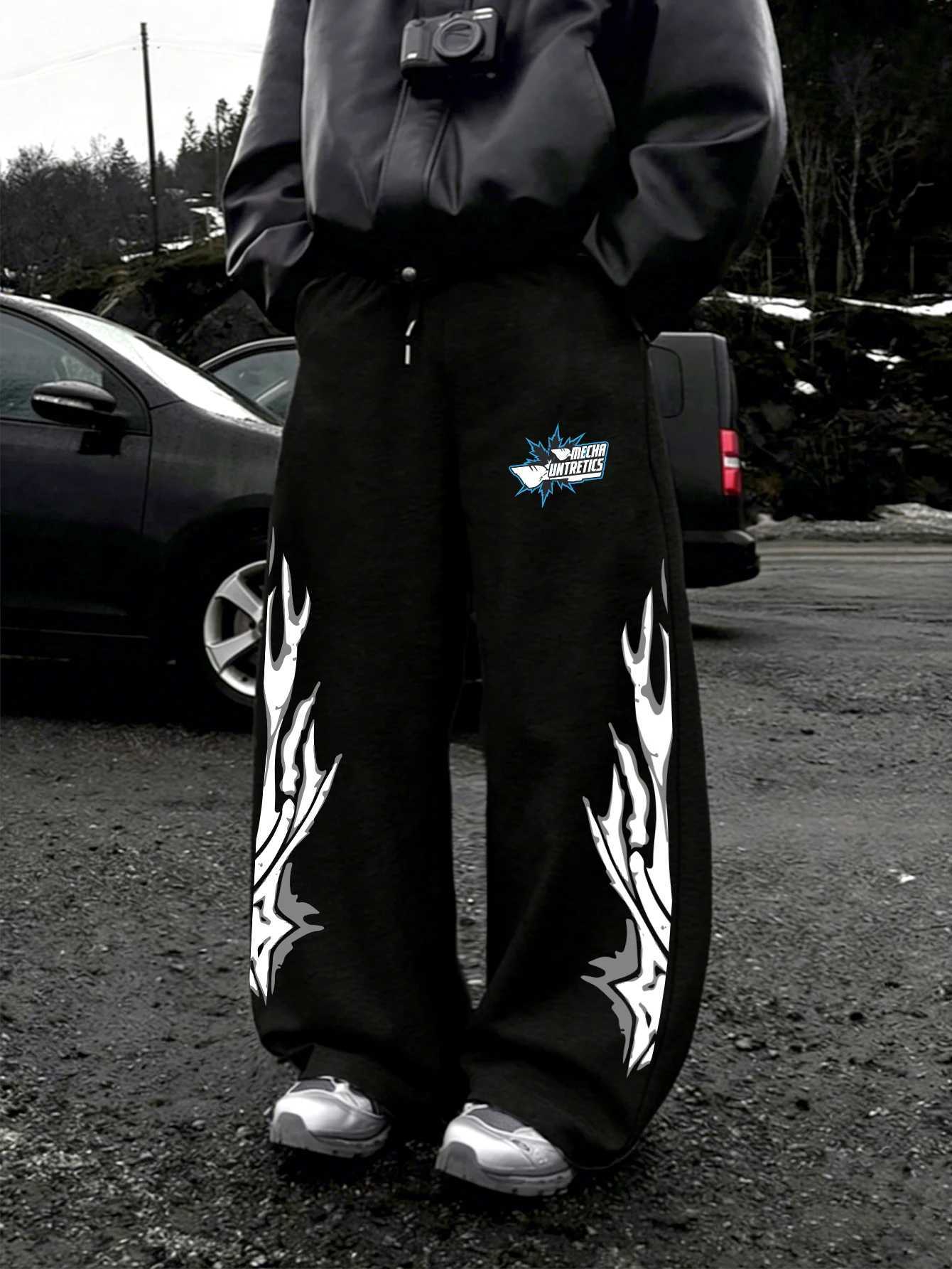 Men's Pants Men Dual Side Tribal Flame Chest Text Graphic Wide Leg Sweatpants dr1 Loose Straight Baggy Y2K Hip Hop Streetwear Pants D260924 - view 4