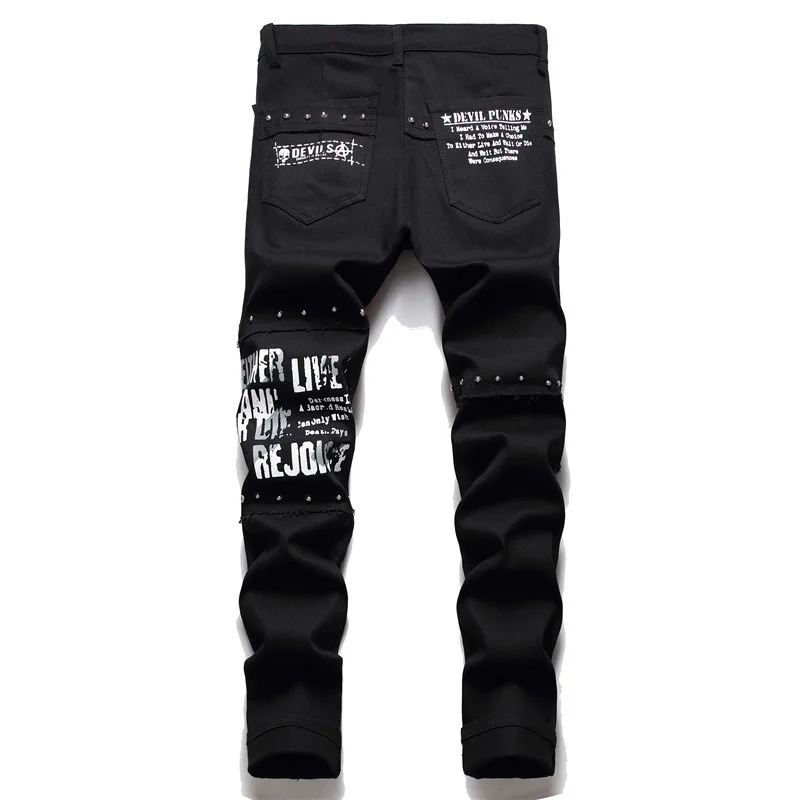 Men's Scotland Red Plaid Tartan Patchwork Jeans Punk Rivet Patch Black Denim Pants Skull Letters Printed Slim Straight Trousers 260923 - view 3