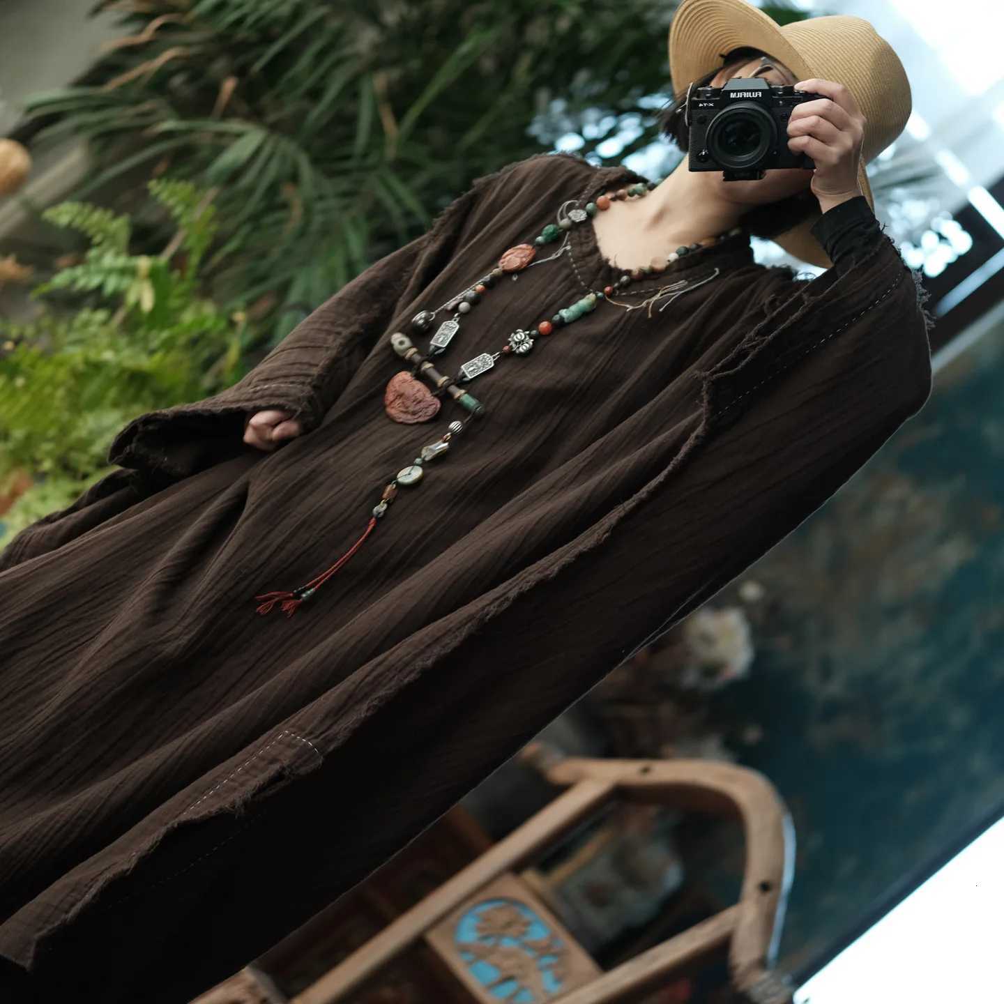 Sleep Lounge Women's Johnature Women Vintage Winter Dresses Bat Sleeve Robes 2025 New O-Neck Loose Solid Color Embroidery Female High Quality Dre - view 5