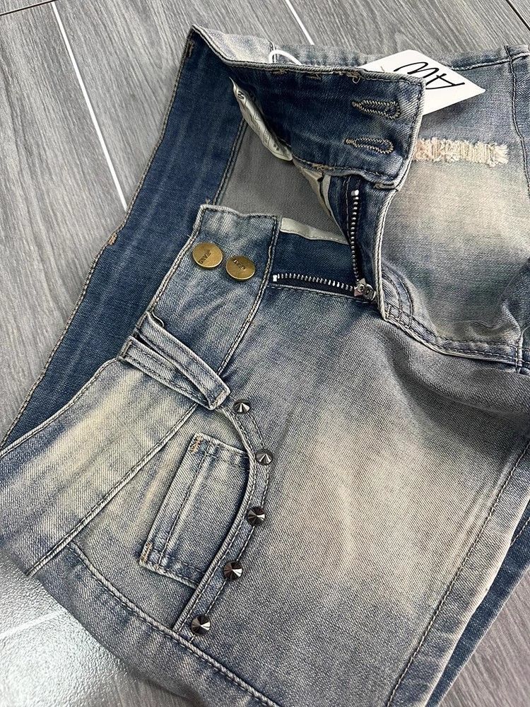 American Retro Washed Worn Denim Jeans Women's Summer Design Riveted Low-rise Hot Pants Shorts Feminino - view 3