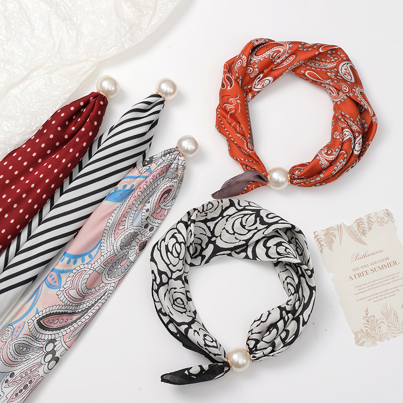 Designer Womens Small Satin Neck Scarf With Pearl Buckle Printed Square Scarves High Quality Neck Warmer Elegant Decorative Neck Band For Daily Bag - view 5