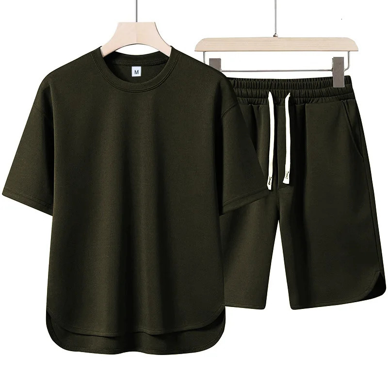 Men Solid Color Casual Tracksuit Set Loose Curved Hem Short Sleeve TShirt Drawstring Elastic Waist Shorts Street Sports 260911 - view 6