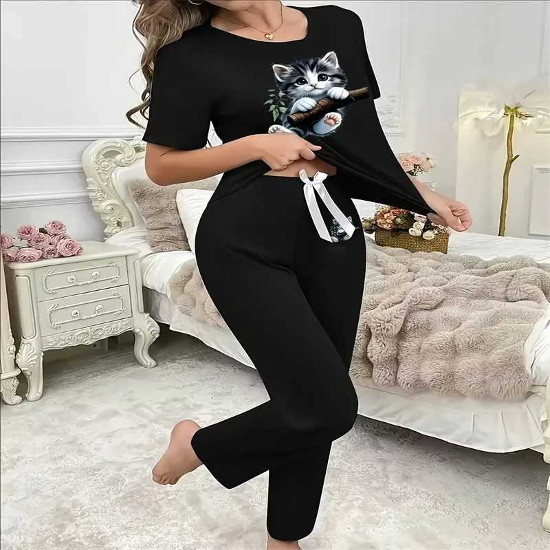 Women's Sleep Lounge Pyjamas Set for Women's Black Short Sleeve Printed Cat Trousers Student Loungewear Pullover Round Neck Girl Sleepwear H - view 6