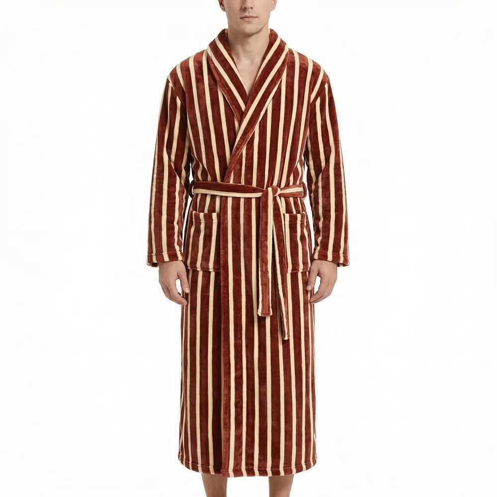Sleep Lounge Women's Autumm Winter New Flannel Robe Kimono Gown Sleepwear Men's Thicken Warm Stripe Bathrobe Home Clothes Coral Fleece Loung - view 3