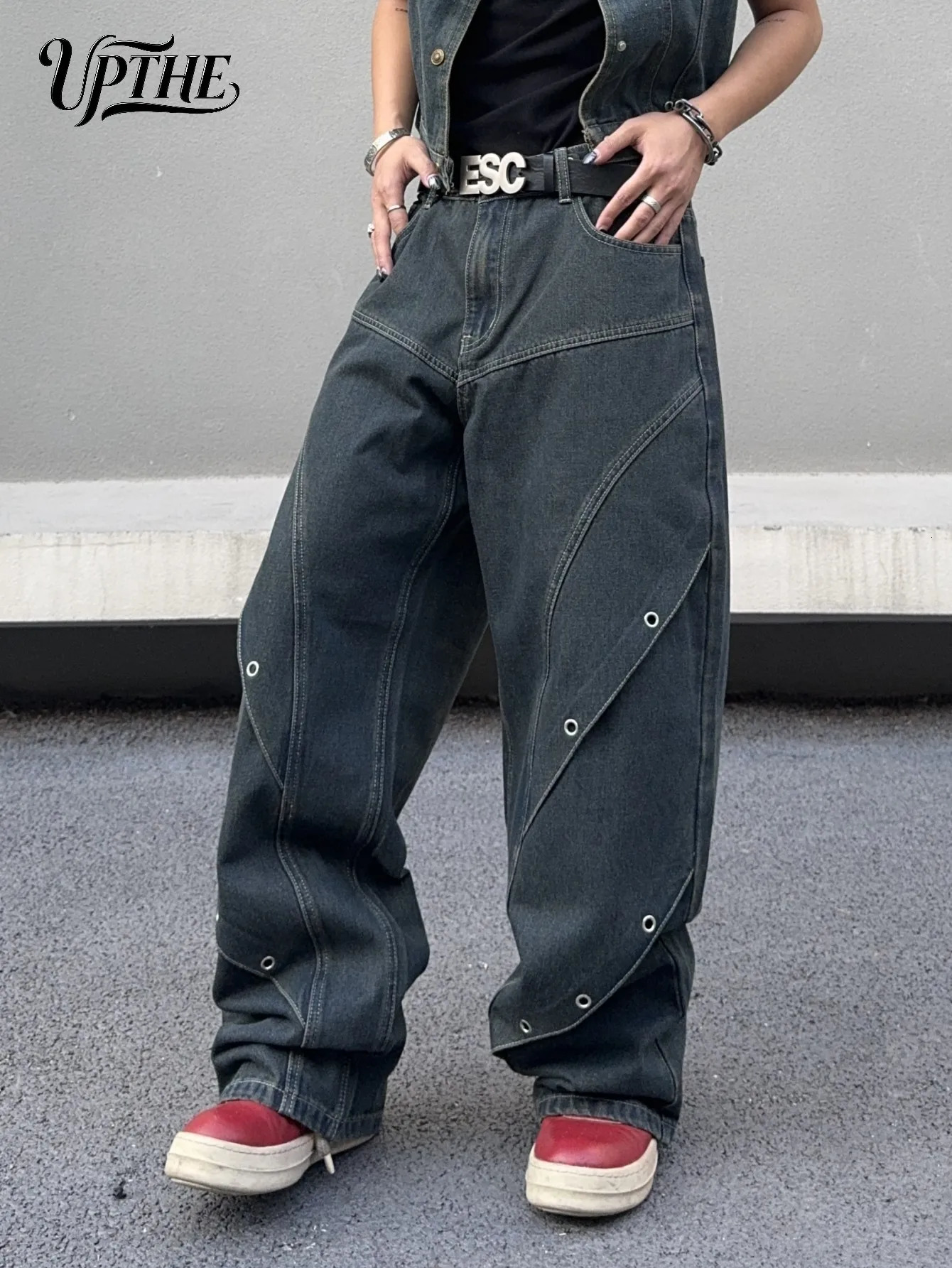UP.THE Men Dark Raw Denim Baggy Wide Leg Jeans Y2K Oversized Loose Curved Spliced Eyelet Denim Pants Industrial Streetwear Trousers for Daily Outfits  - view 6