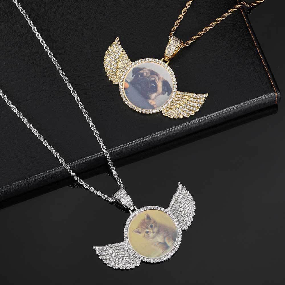Hip-hop Necklace 18K Gold Plated Iced Moissanite Bling Wing Photo Blank Pendant Link Chain for Parties Dropshipping - view 4