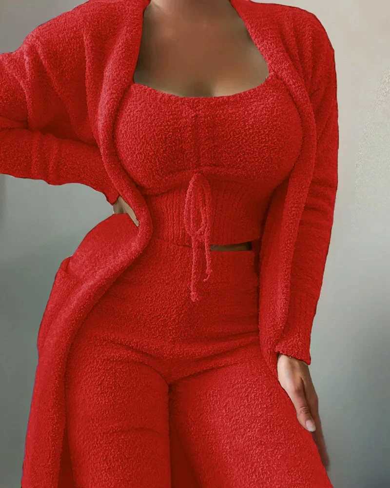 Women's Sleep Lounge Women's Winter New Fashion Plush Pajamas Three-piece SetHalter Short Top+high-waisted Straight-leg Pants+long Cardigan  - view 4