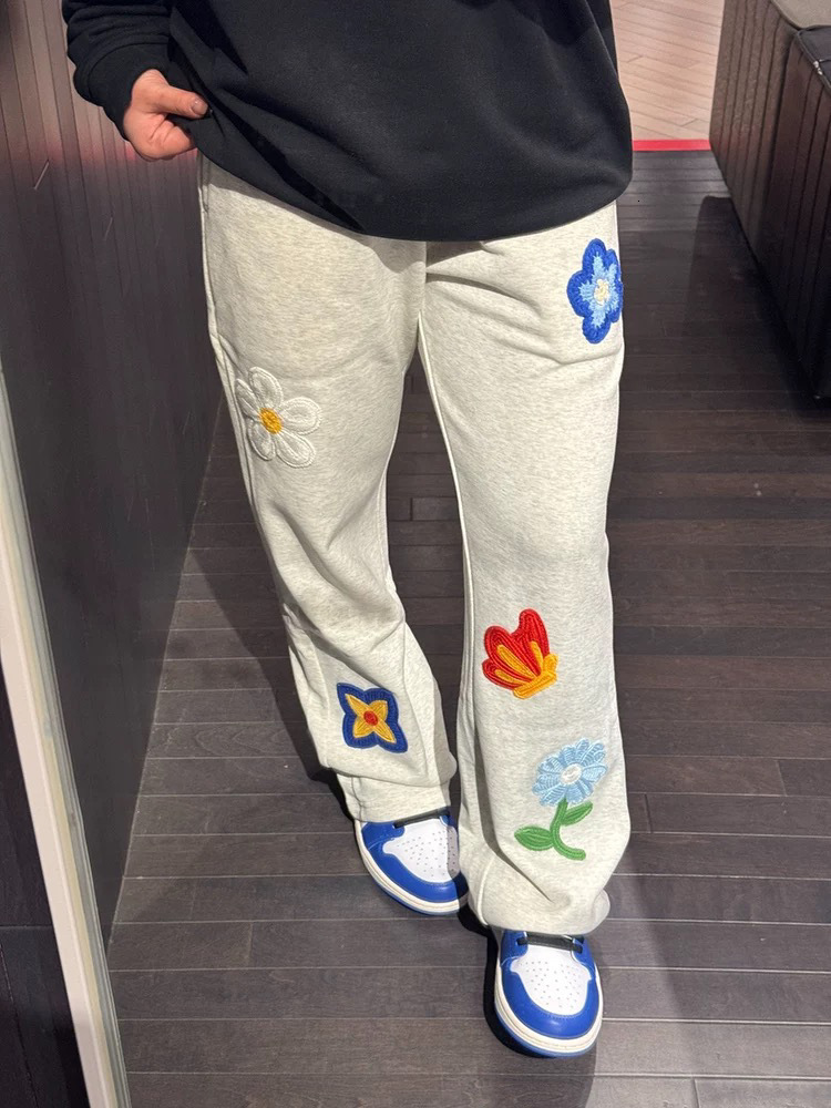 American floral embroidery curved hem sports pants, men's loose casual sports pants, slim fit micro flared sports pants, casual pants straight le - view 4