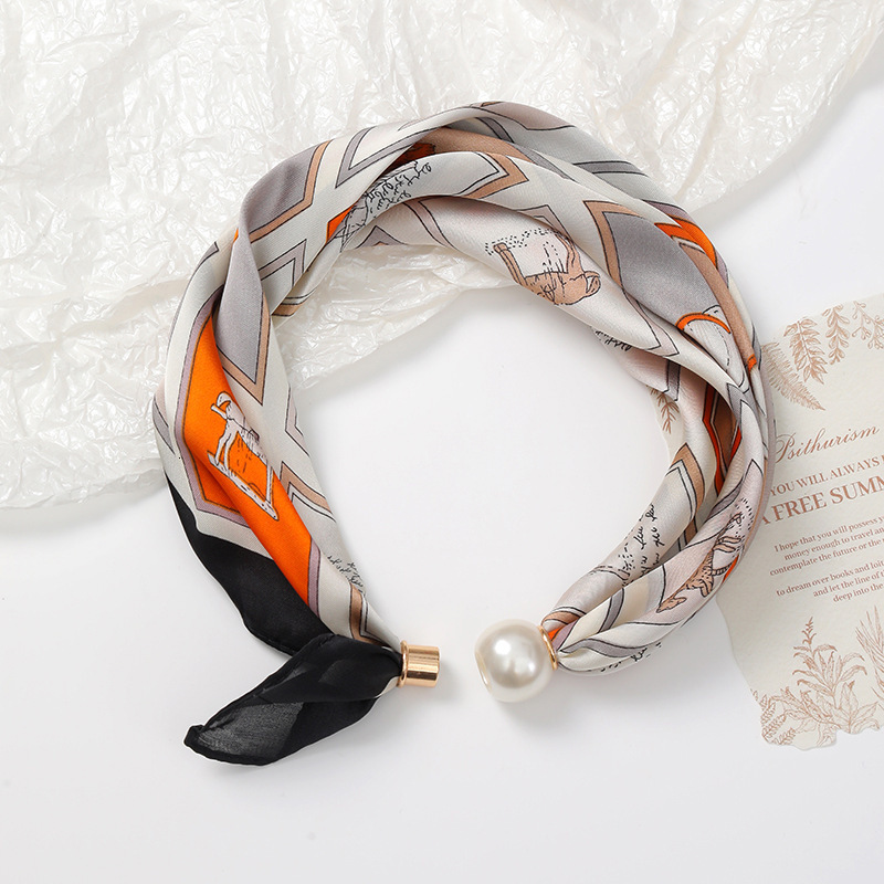Designer Womens Small Satin Neck Scarf With Pearl Buckle Printed Square Scarves High Quality Neck Warmer Elegant Decorative Neck Band For Daily Bag - view 9