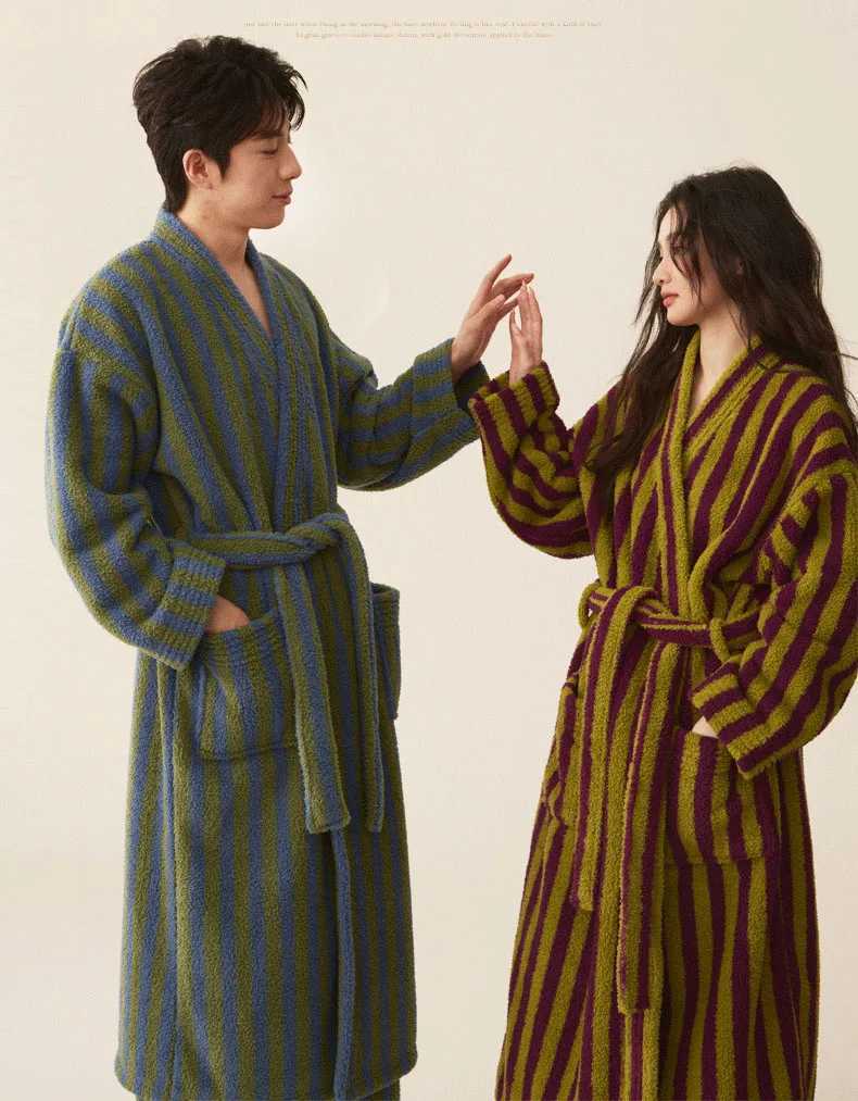 Lounge Women's Sleep Thickened Flannel Robe Pajamas Autumn Winter New Couple Coral Velvet Women Men Bathrobe Striped LengthedC260924 - view 7