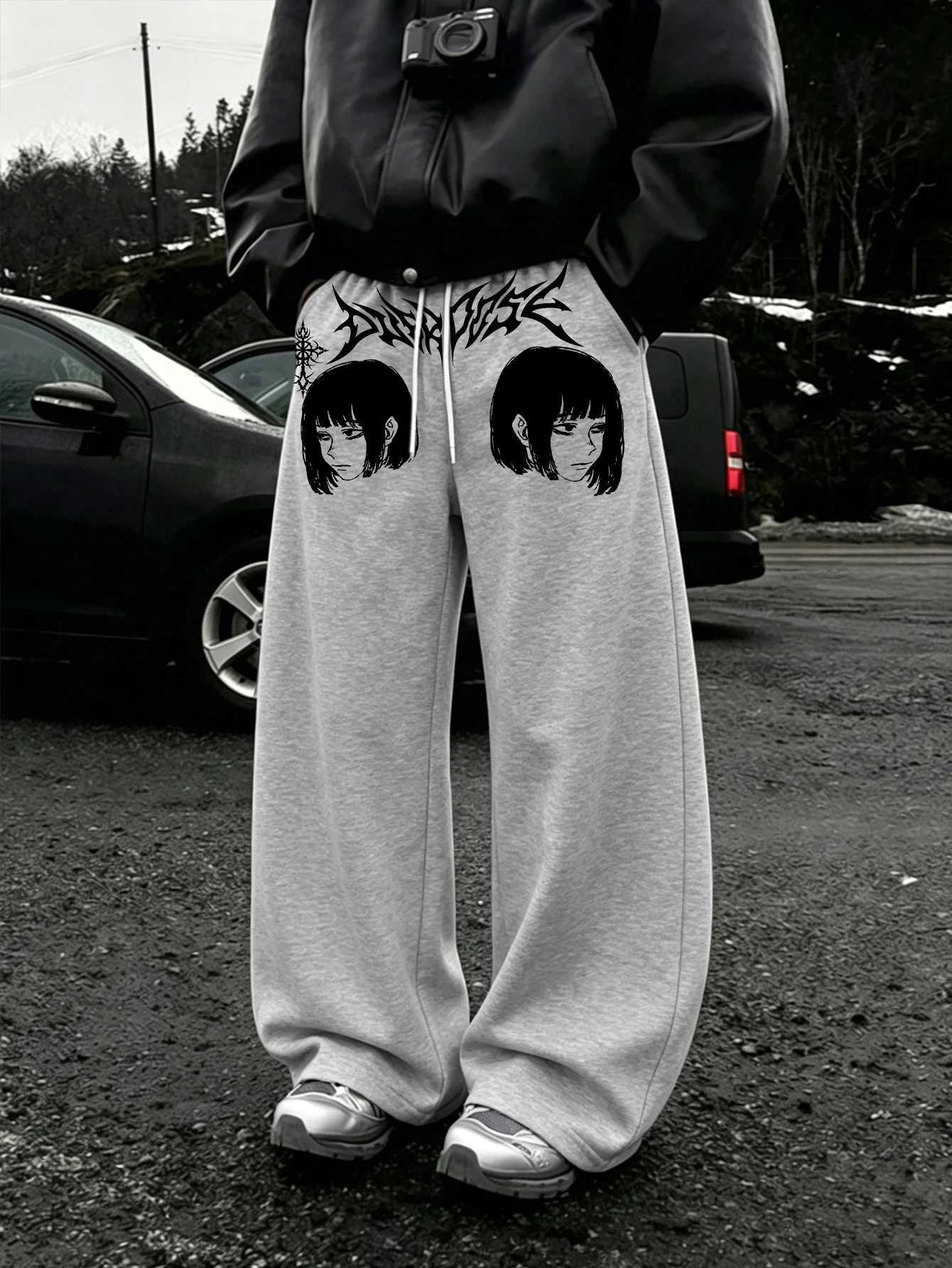 Men's Pants Men Wide Leg Jogger Pants Dark Anime Graphic Blackmetal Spike Letter Symmetrical DualSide Print dr1 BaggyY2KPunk D260924