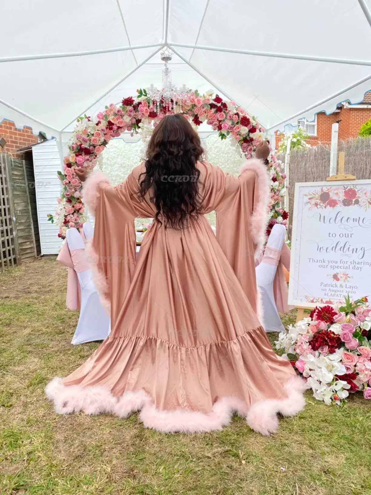 Lounge Women's Sleep Bathrobe for Women Lingerie Flare Sleeves Bridal Feather Robe Silk Satin Luxury Long Wedding Dressing Gown Maternity DressC2 - view 4