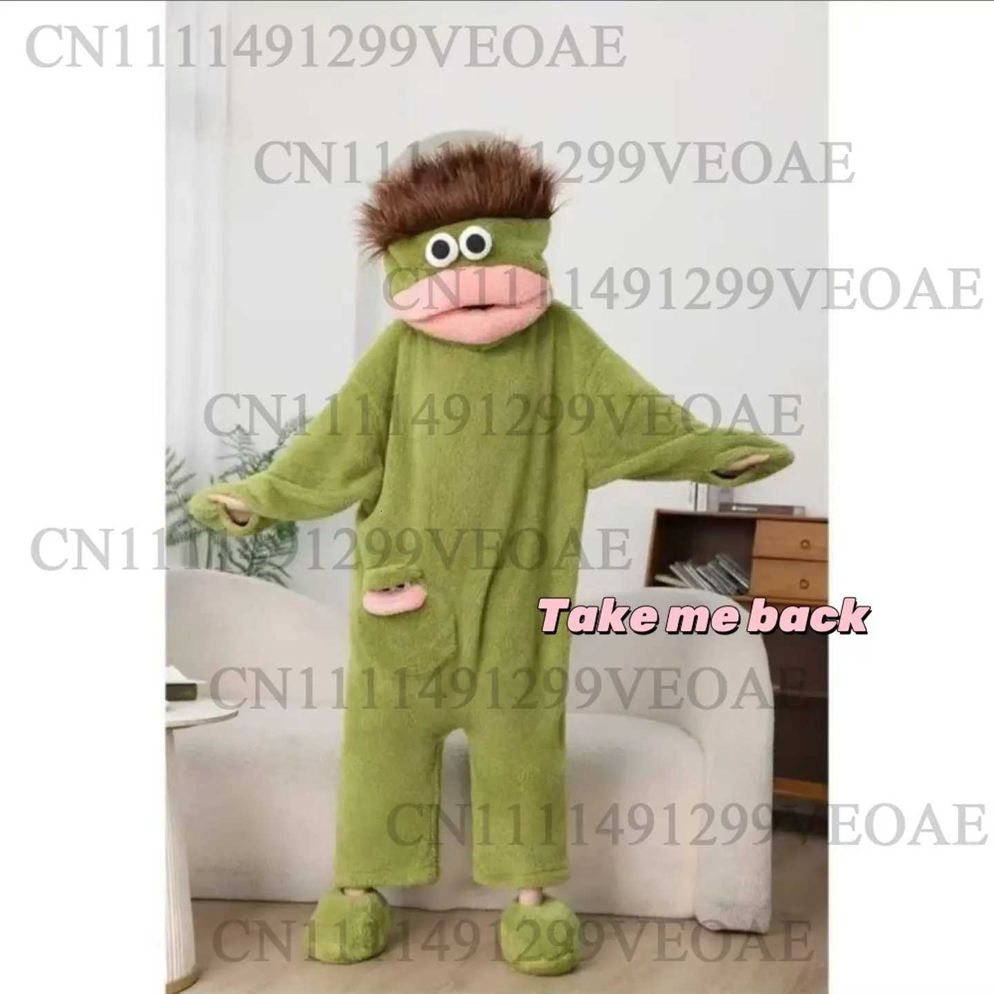 Lounge Women's Sleep Big Mouthed Monster Jumpsuit Winter Coral Fleece Thickened Ugly Cute Funny Abstract With Hair Ugly Fish Home Clothes Green B - view 7