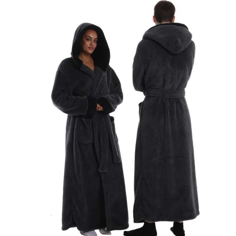 Sleep Lounge Women's New Winter Hooded Bathrobes Gown For Coulpe Warm Flannel Sleepwear Women Long Nightgown Solid Color Robes Men Loungewear Paj - view 4
