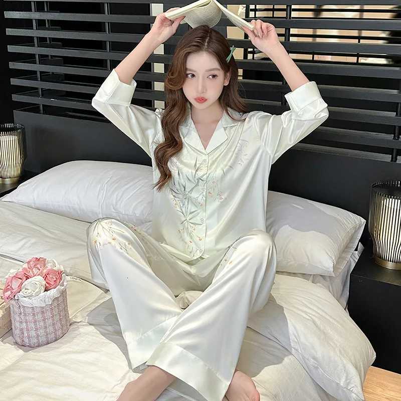 Sleep Lounge Women's Women's Plus-Size Printed Pajamas Loose-Fit Long-Sleeve Ice-Silk Cool-Feel Loungewear Versatile Outerwear PajamasC26092 - view 5